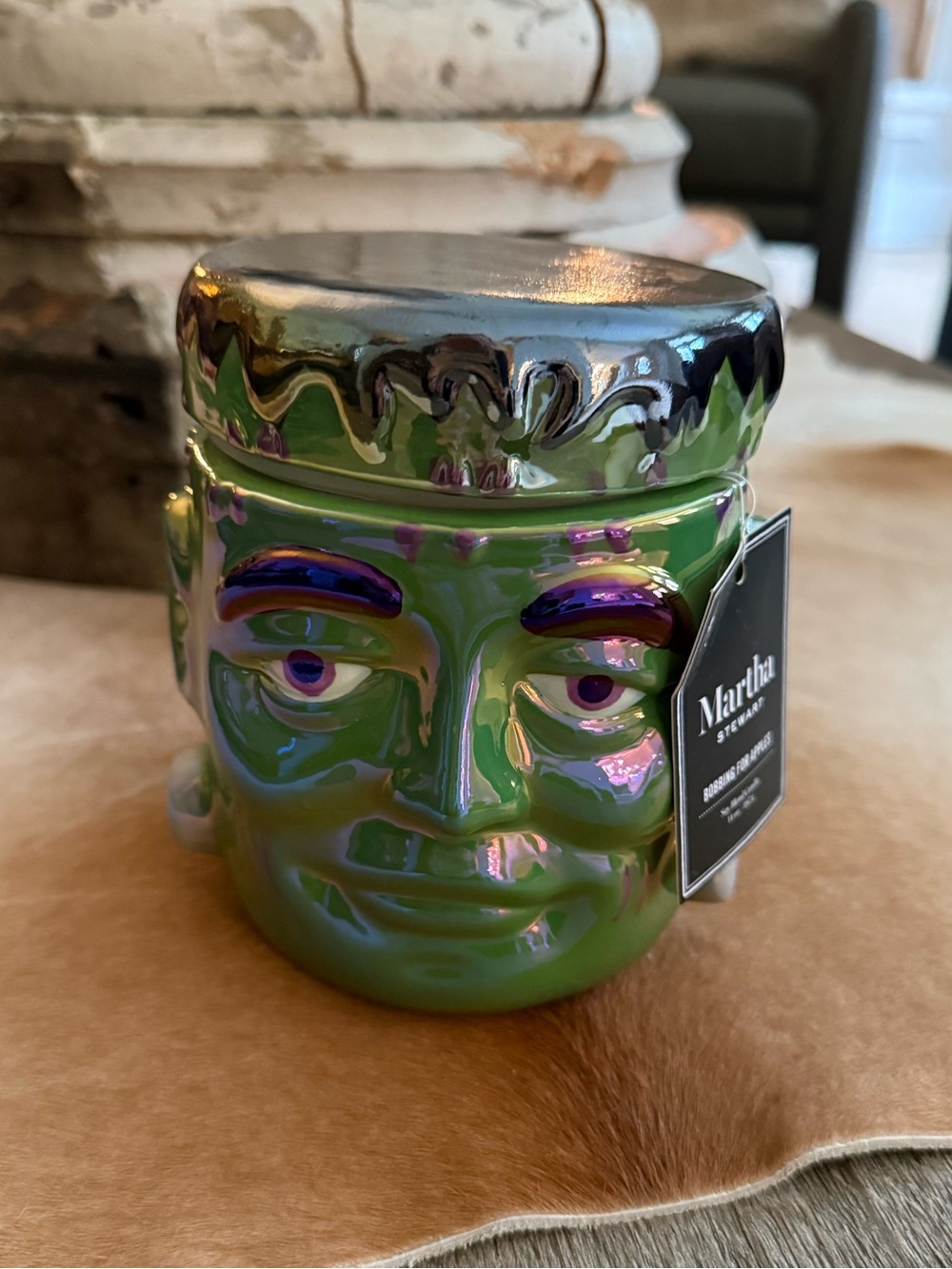 Brand NWT Martha Stewart Iridescent Green Frankenstein Face Candle Jar - Picture 2 of 13